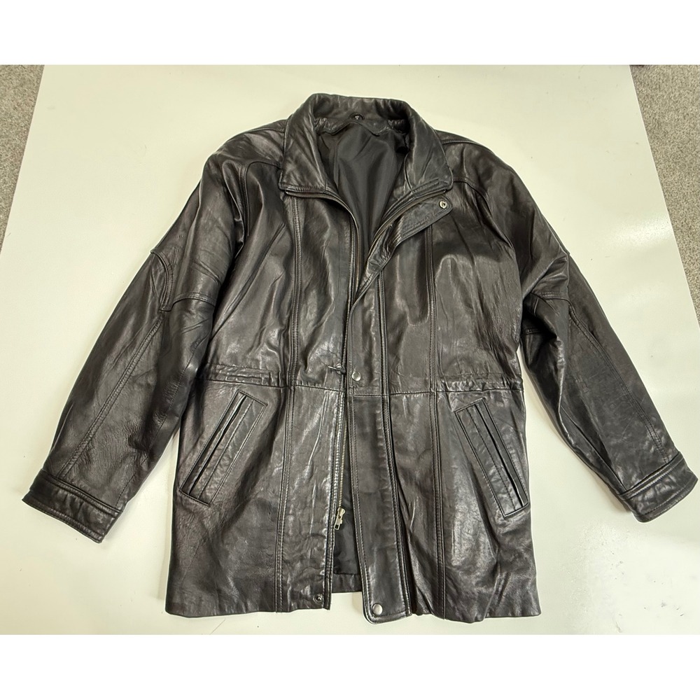 Vintage Mens Black Genuine Leather Car Coat Mid Length Zip Front Jacket Large
